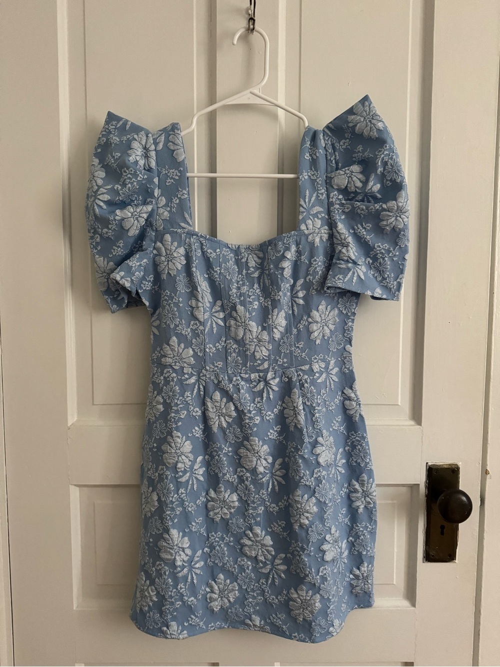 SHEIN Light Blue Floral Puff Sleeve Mini Dress